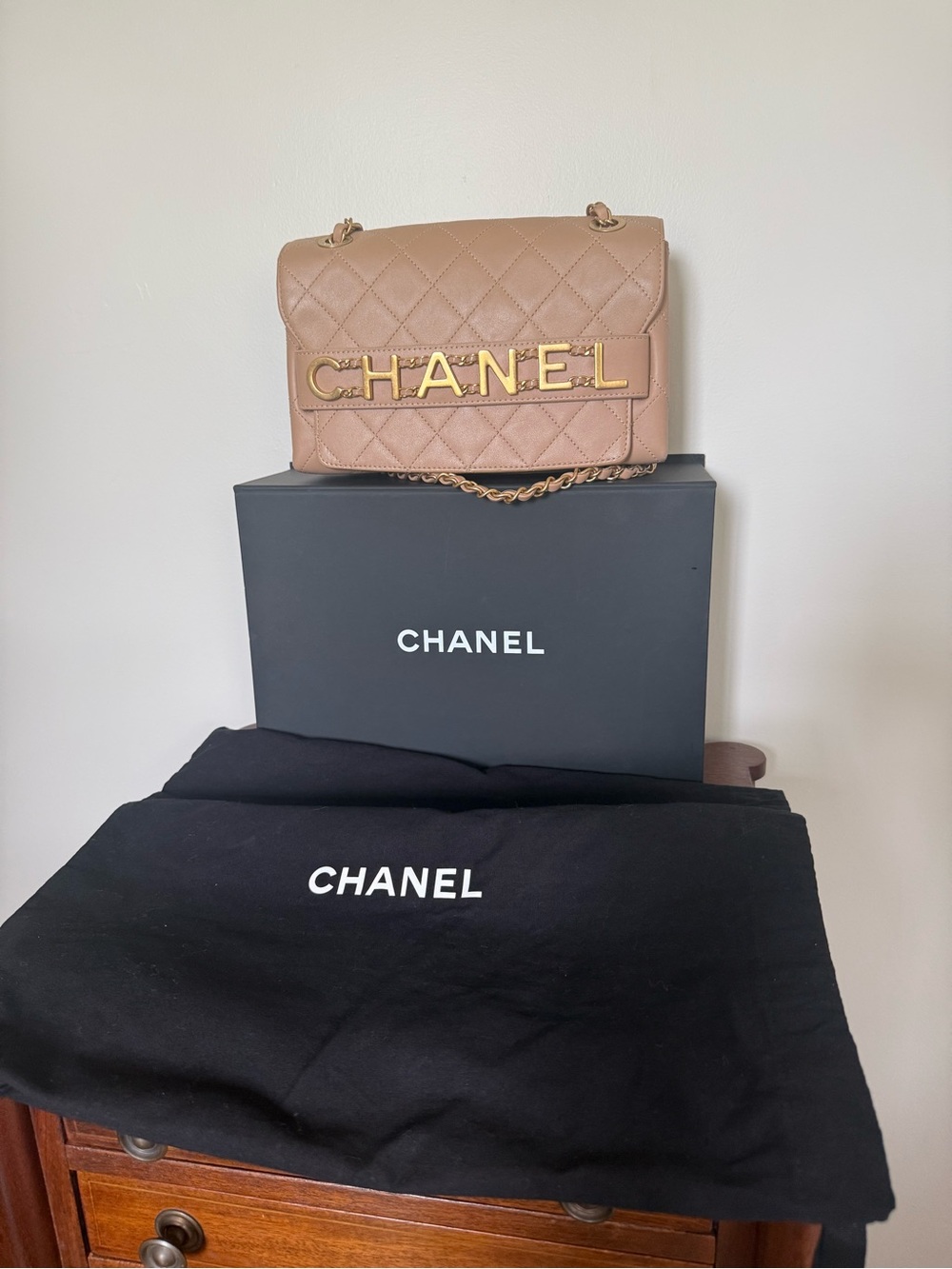 Chanel Medium Logo Letters Touch Chain Flap Bag – Beige Lambskin